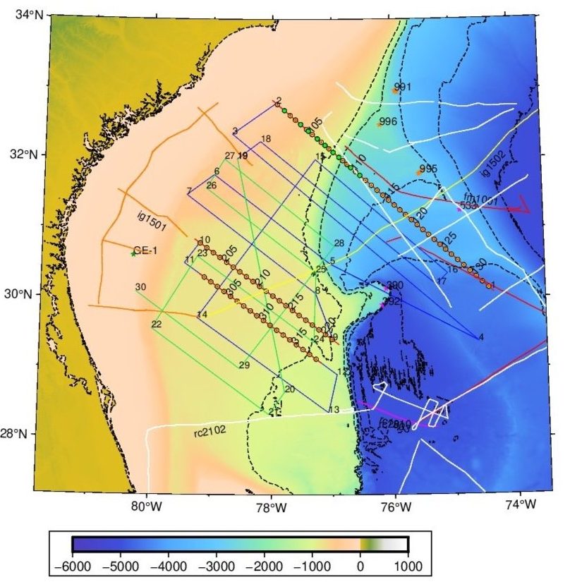 Picture of a map. The right side is all deep ocean, at the center is the large flat plateau that sits atop the continental margin. The left is the shore and continent.