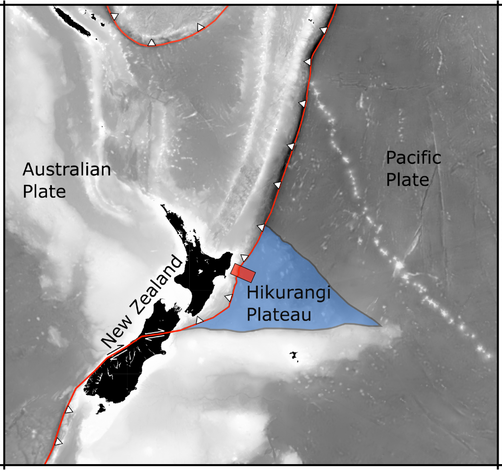 A map of New Zealand and surrounding ocean. The Hikurangi Plateau is triangular and lies just to the east of the North Island, with the study site marked as a red rectangle. The Australian and Pacific tectonic plates are also marked.