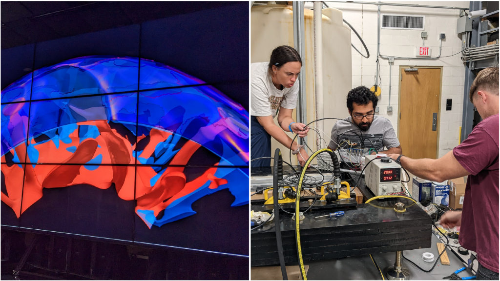 banner collage showing a computational recreation of the Earth and researchers working on the earthquake machine in the lab.