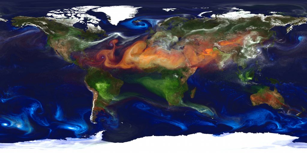 Global dust and aerosol, computer model. Simulation showing particles in the Earth's atmosphere. Dust (red) and sea salt (blue) form due to cyclonic wind patterns. Smoke particles (green) originate from natural and man-made fires. Sulphate particles (white) originate from volcanoes and fossil fuel emissions. This visualisation was produced in November 2012 by the Discover supercomputer at the NASA Center for Climate Simulation at the Goddard Space Flight Center as part of The Goddard Earth Observing System Model (GEOS-5). GEOS-5 is an advanced weather modelling system.