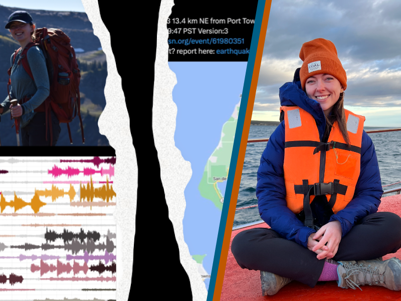 Cover slide showing photo of McKenzie with a lifevest on the deck of a vessel at sea, and images from McKenzie's research including a photo of her hiking in mountains