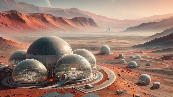 Sci fi illustration showing a domed habitat on another world.