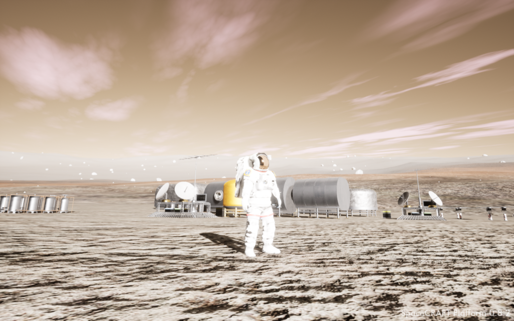 Illustration of an astronaut on the surface of another world, behind them are visible pods and vehicles of a planetary habitat