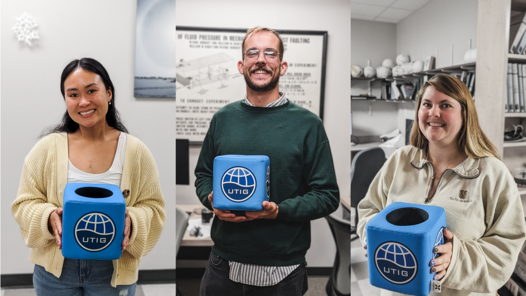 Photos of Mikayla Pascual (left), Ethan Conrad (middle), and Carson Miller (right) holding the UTIG cube.