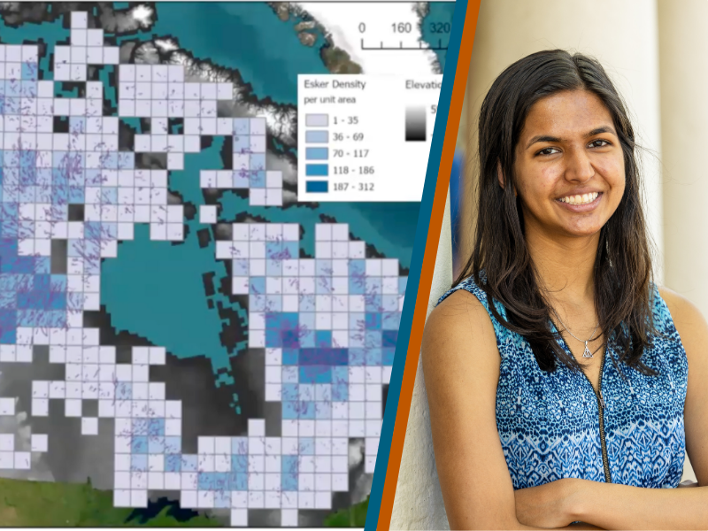 Slide showing a picture of Medha alongside a map that displays the varying density of Eskers.