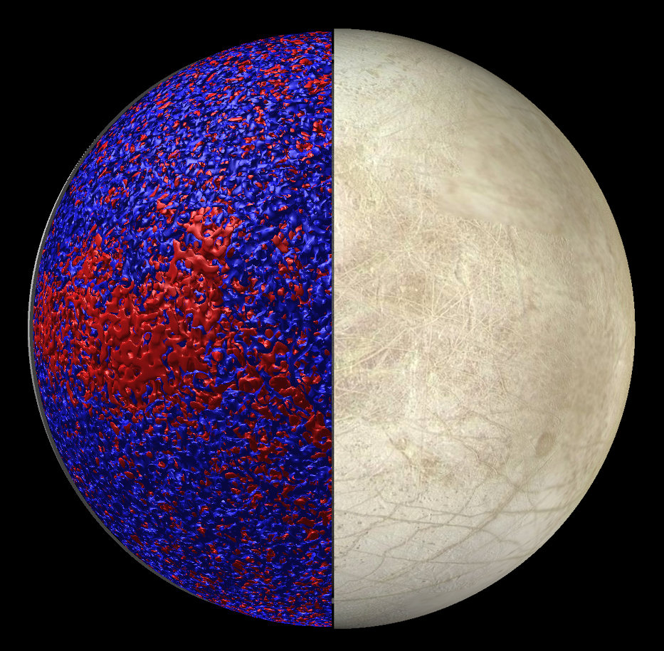 Image of an icy moon split in two halves. The left half has had the icy surface peeled away to show simulated (red) warm ocean currents along the equator.