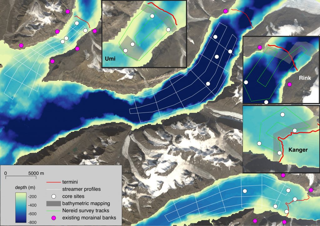 Satellite map of Greenland with inserts showing close up locations of target glaciers.