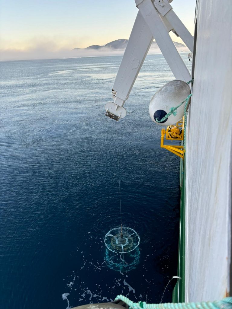 Photo from the side of a ship showing a crane lowering an instrument into the water.