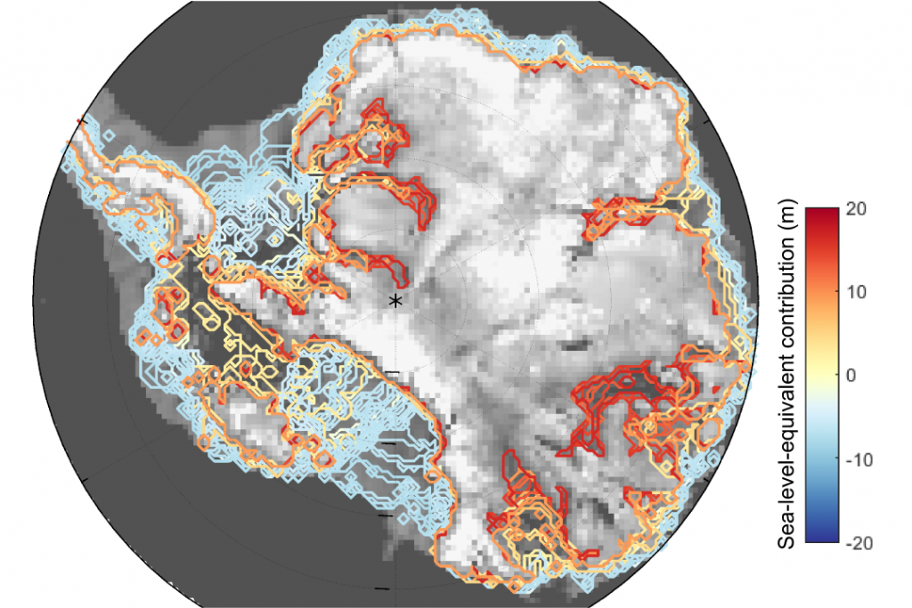 Figure map of Antarctica showing past icesheet boundaries in different colors.