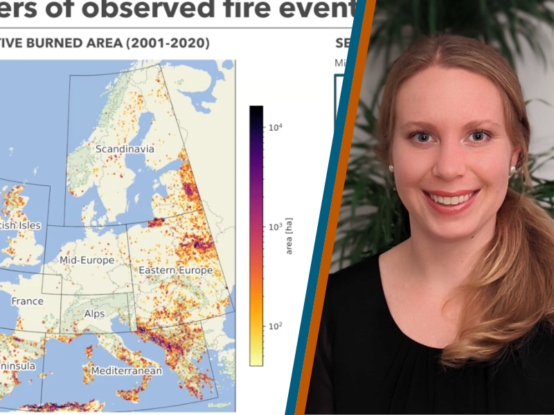 Cover slide showing a picture of Julia alongside a map of the drivers of observed fire events.