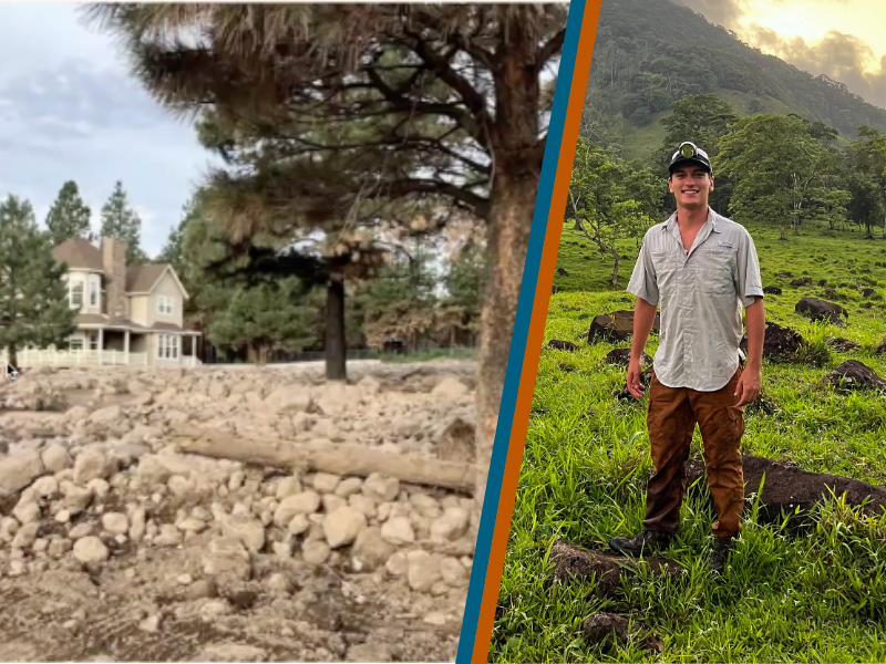 Picture of a house surrounded by fire debris and trees (left) and a picture of Tanner standing in a field (right).