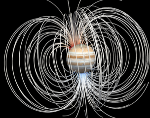 A rendering of Jupiter and its magnetic field.