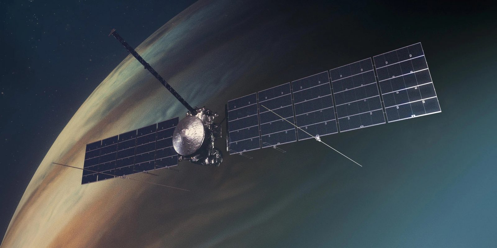 This artist's concept depicts NASA's Europa Clipper spacecraft in orbit around Jupiter.