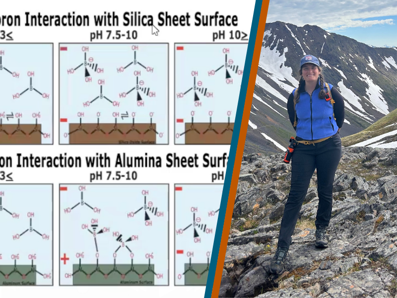 Side-by-side graphic of a schematic showing boron adsorption on aluminum oxide sites (left) and a picture of Nicole on the side of a mountain (right).