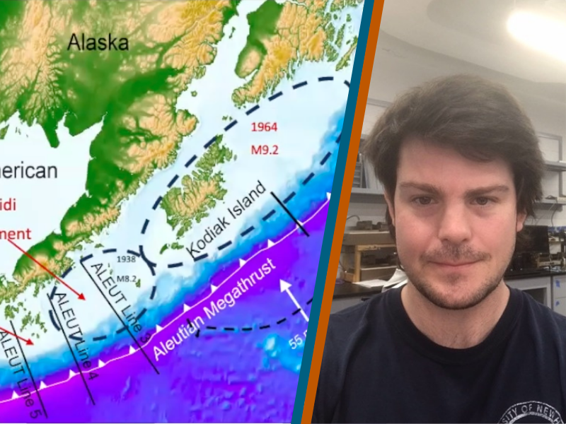 Side-by-side graphic showing a partial map of the Aleutian Megathrust (left) and a photo of Peter (right).