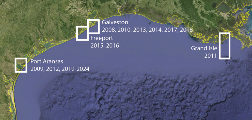 Map showing locations on the Texas Gulf Coast