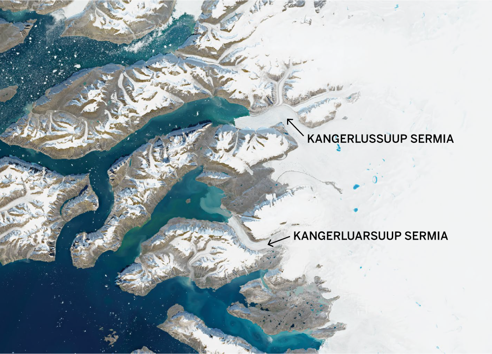 Satellite map of Greenland's coast showing the Glacier Locations