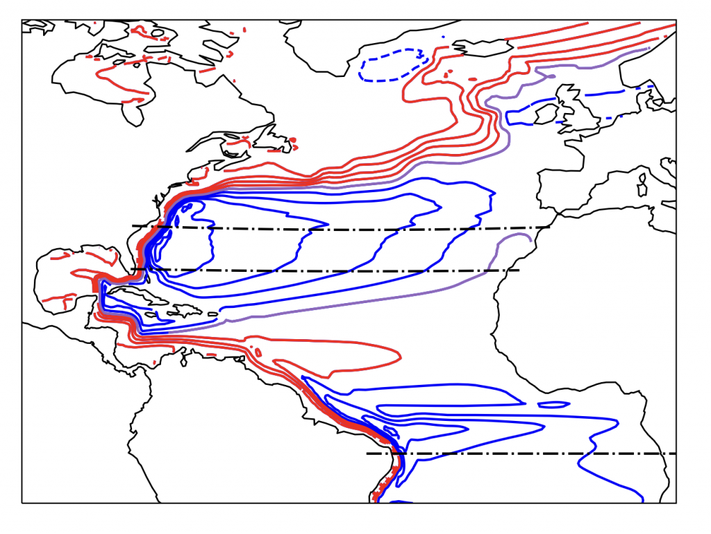 Picture of a map of the Atlantic ocean, annotated with red and blue lines.