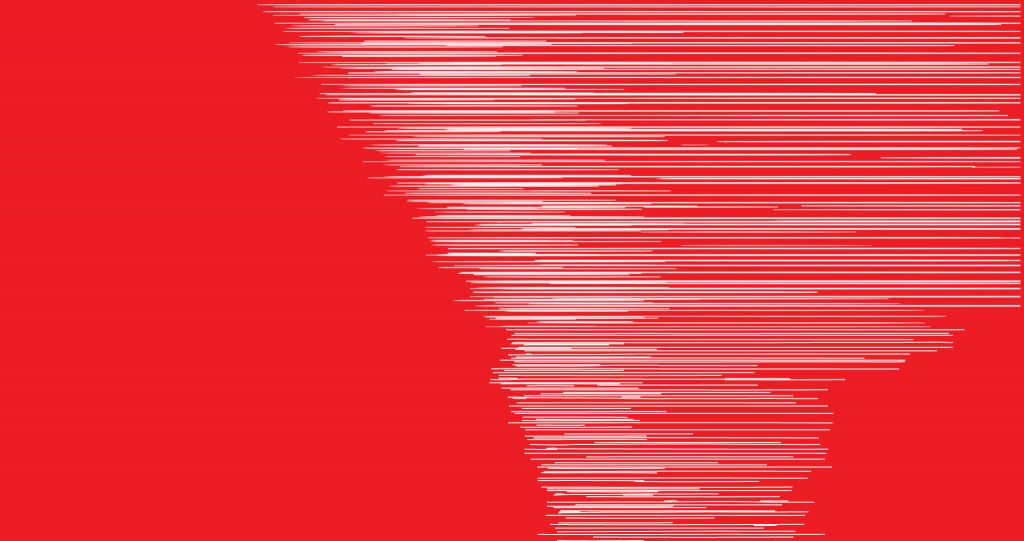 Red graphic showing a tornado stylized as white lines similar to figures showing mathematical chaos.