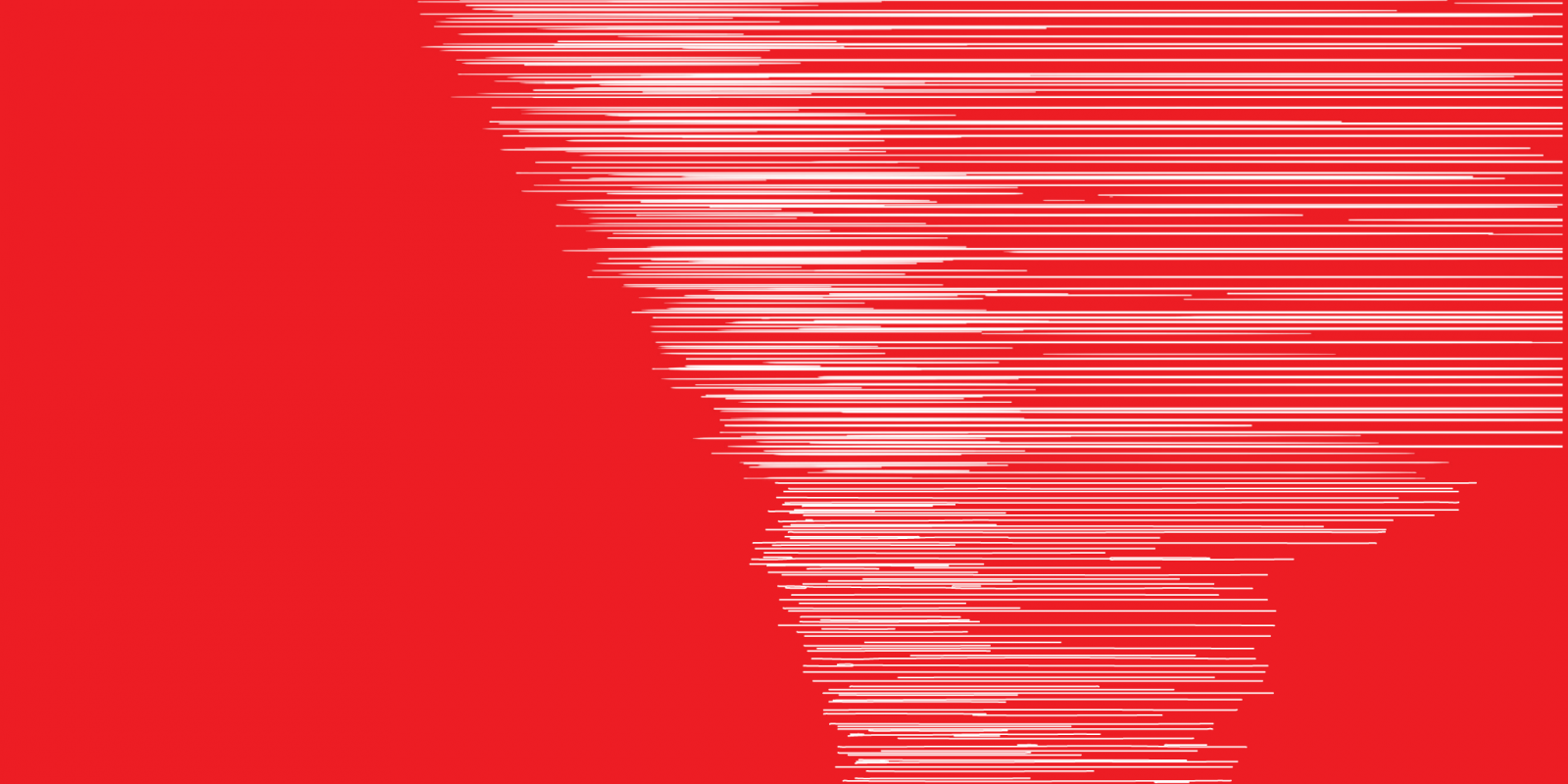Red graphic showing a tornado stylized as white lines similar to figures showing mathematical chaos.
