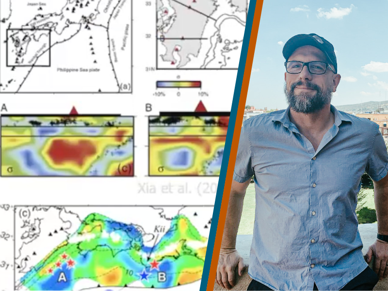 Photo of graphs showing slip inversions using GNSS data (left), and a photo of Thorsten (right).
