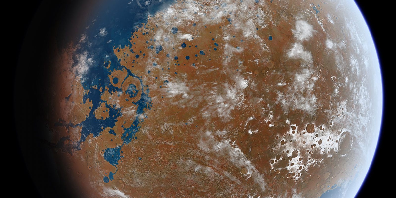 Illustration of Mars from space, showing clouds and a large ocean in the northern hemisphere.