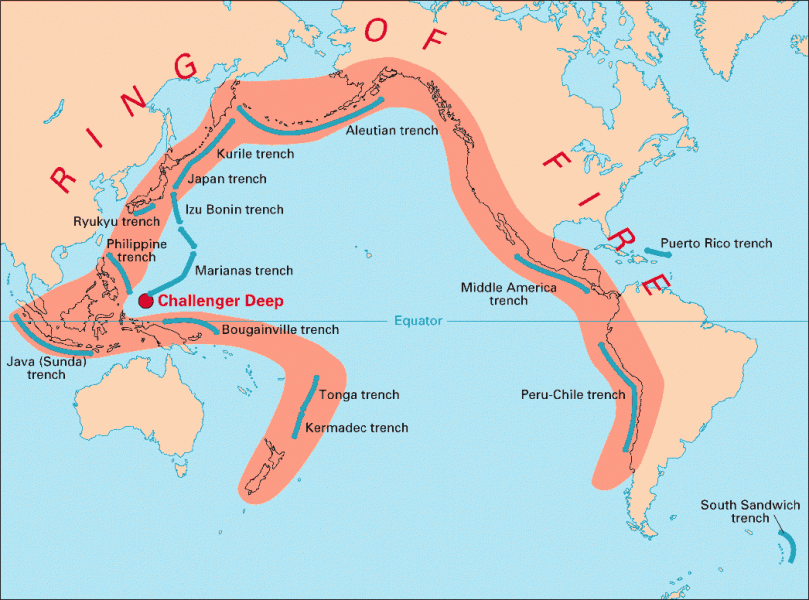 Picture of a map showing the Ring of Fire surrounding the Pacific tectonic plate.