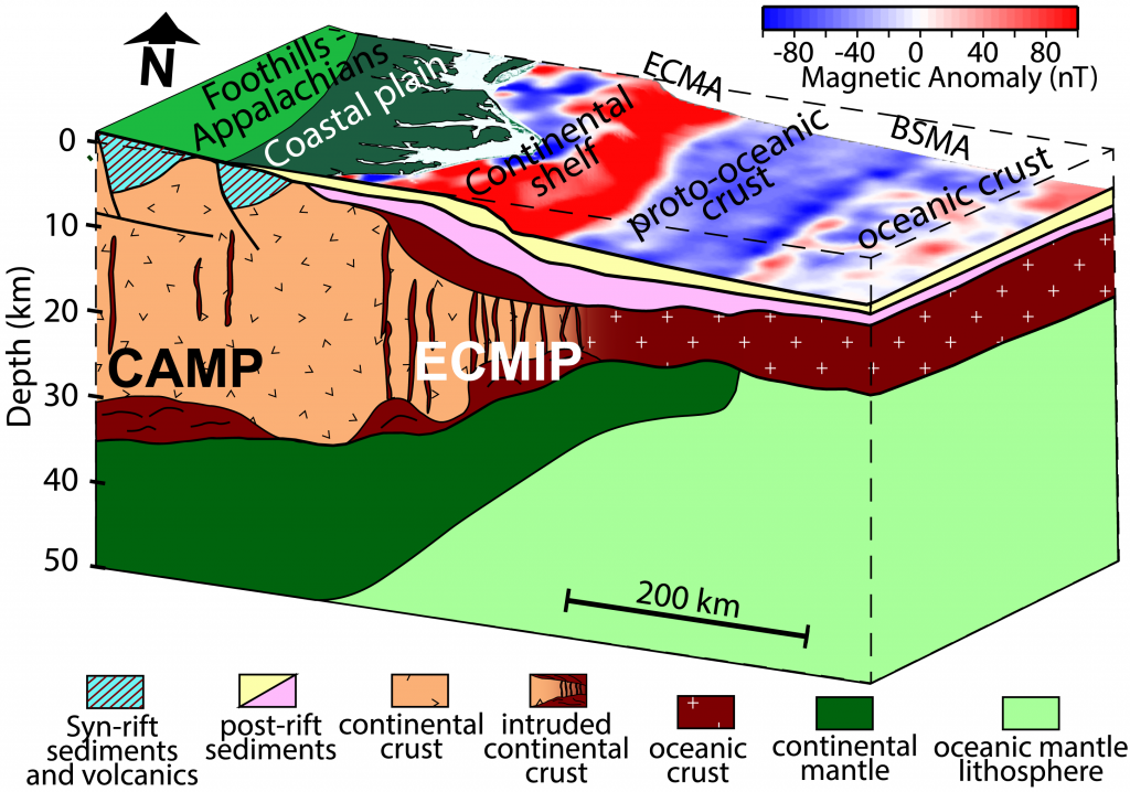 Schematic interpretation of the seismic velocity and density structure along transects ENAM1 and ENAM2. BSMA—Blake Spur Magnetic Anomaly; CAMP—Central Atlantic Magmatic Province; ECMA—East Coast Magnetic Anomaly; ECMIP—East Coast Margin Igneous Province.